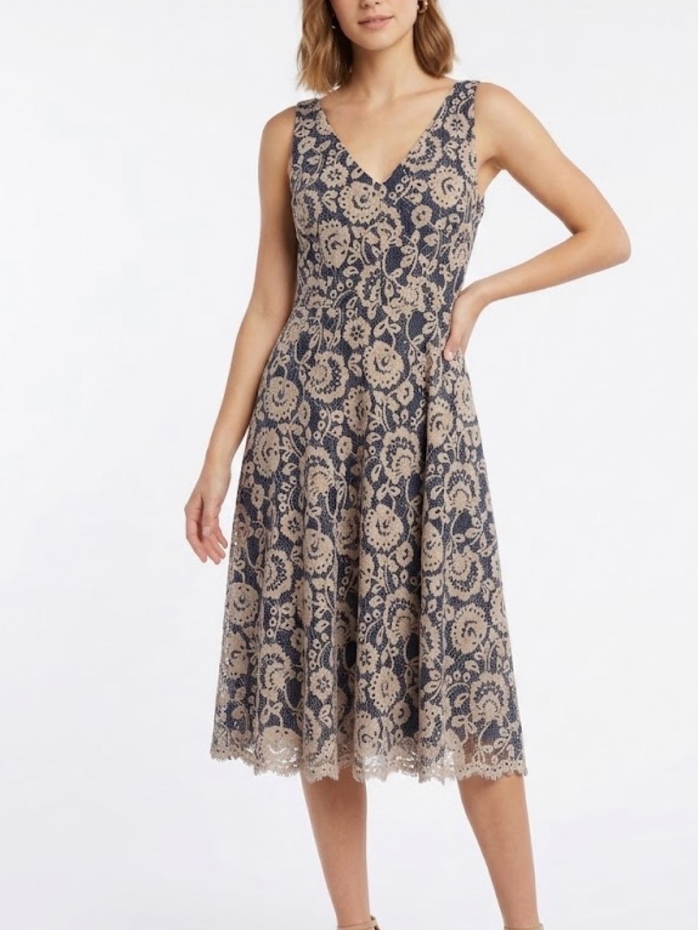 Vince Camuto Lace Floral Dress. Sz 14 Flirty Blue/Cream. Clean Line Quiet Luxury